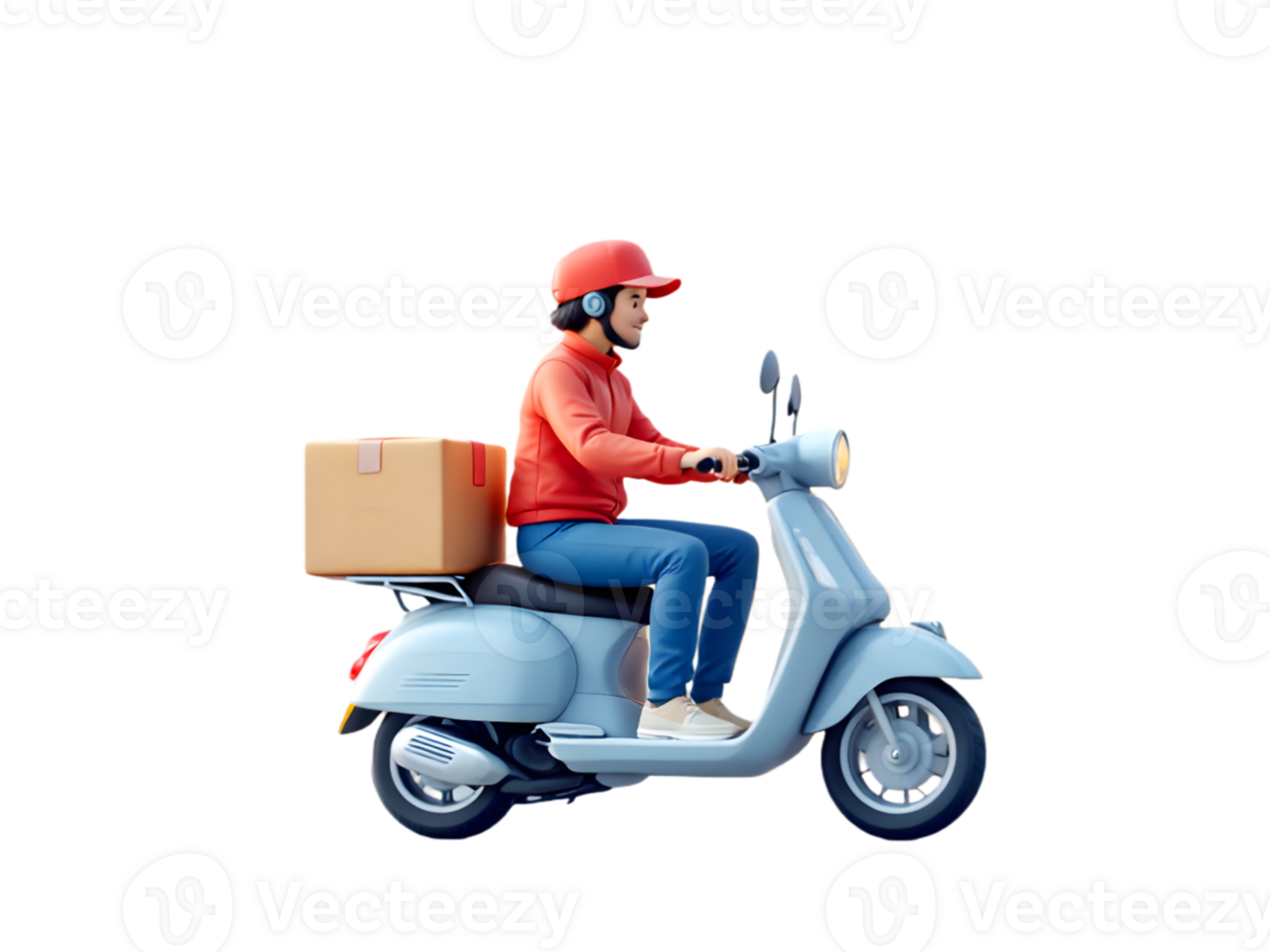 A delivery man on a scooter with a box on transparent background png