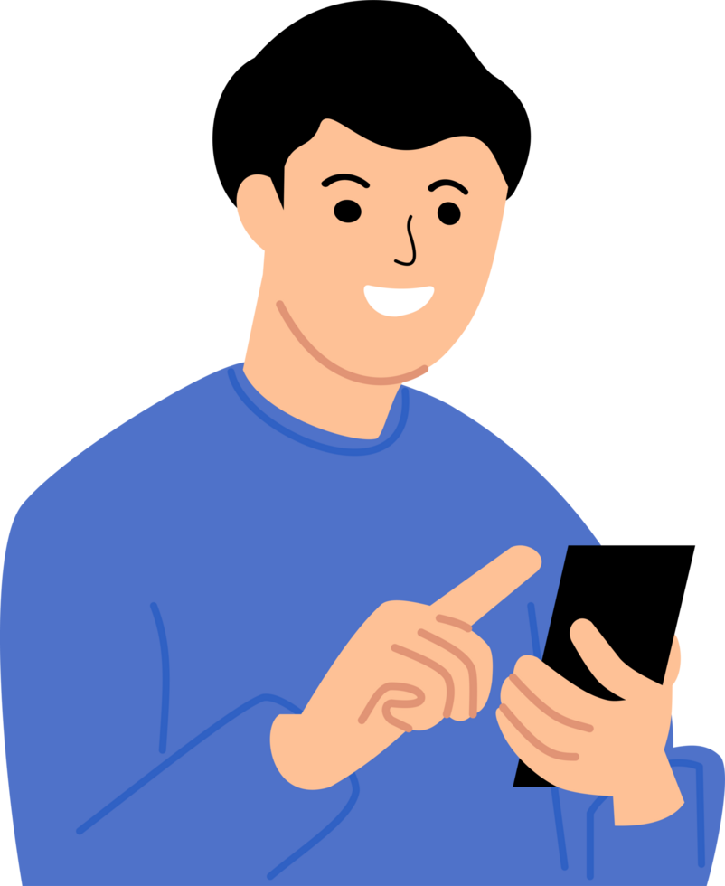 young man using cellphone with happy face png