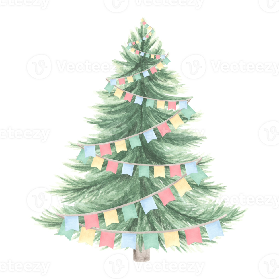 Christmas tree with flags garland, green pine. Hand drawn watercolor illustration isolated. New Year winter holiday clipart. Lush spruce vintage. Festive background. Template for card, print, sticker. png