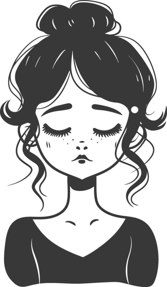A black and white drawing of a girl with her eyes closed vector