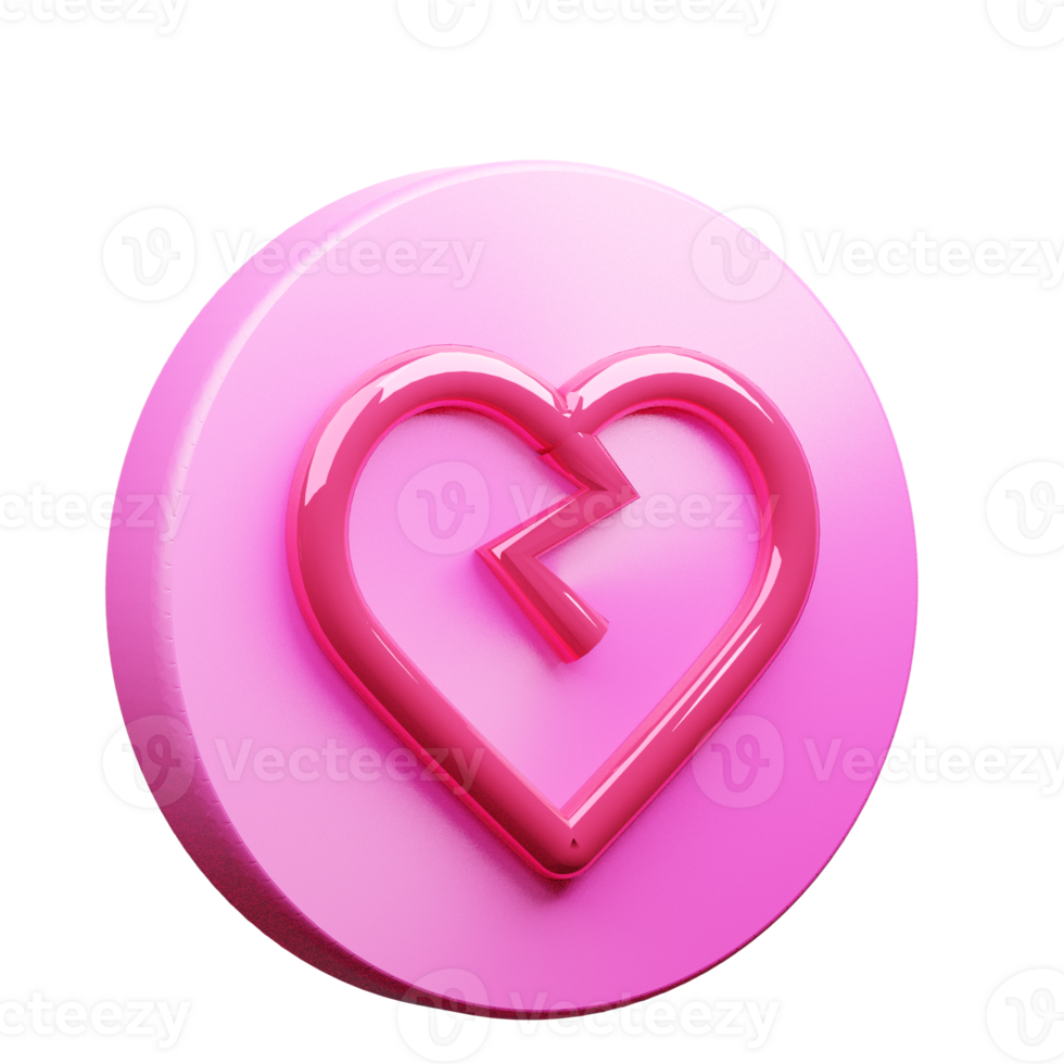 A pink heart shaped button with a broken heart png