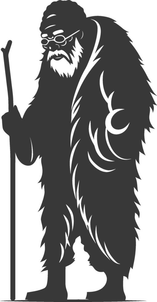 A black and white illustration of a man with a beard and a stick vector