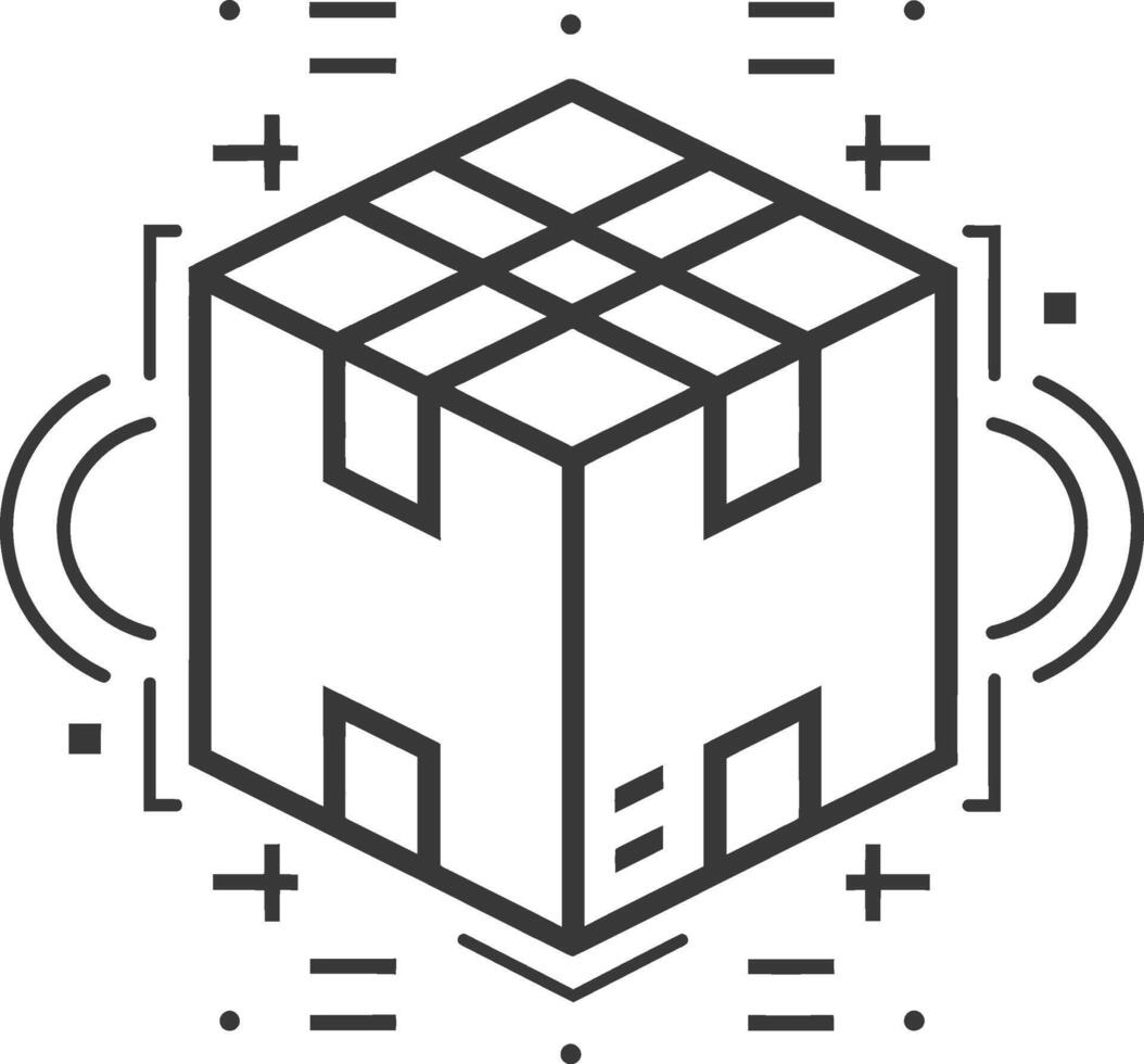 A black and white image of a cube with a line drawing of a box vector
