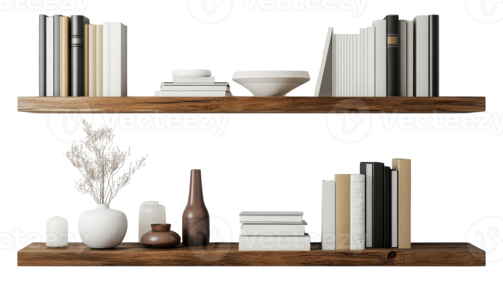 Two wooden shelves with books and vases png