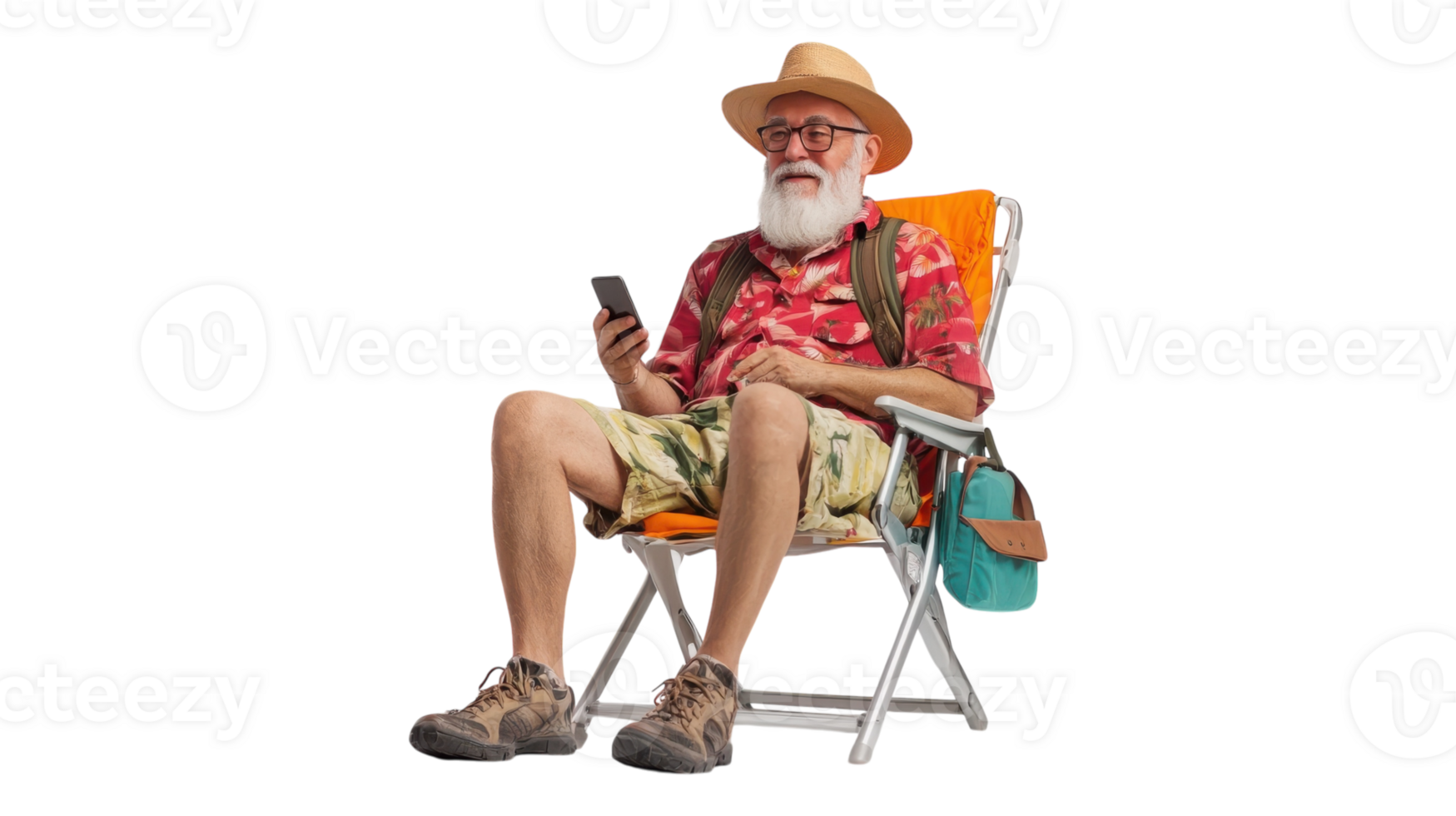 An old man sitting in a beach chair with a cell phone png
