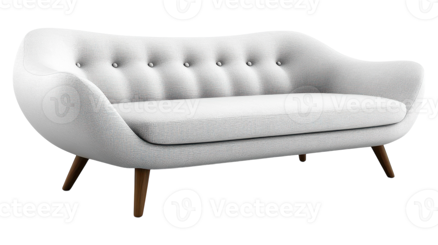 A white couch with wooden legs and buttons png