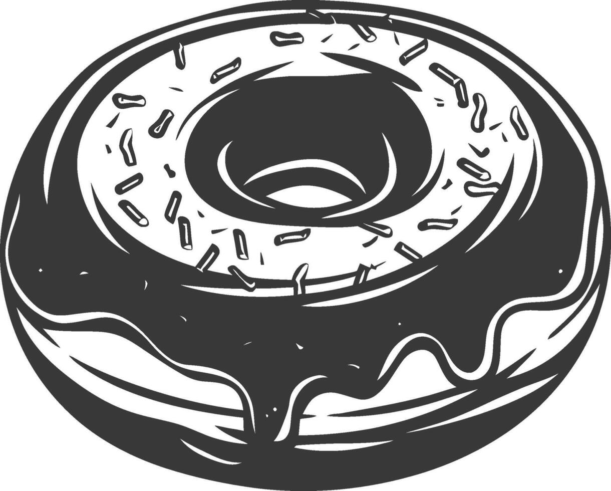 A black and white drawing of a donut with chocolate icing vector