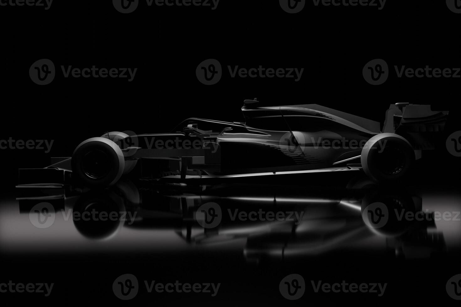 Side view of F1 3d race car in black studio lighting photo