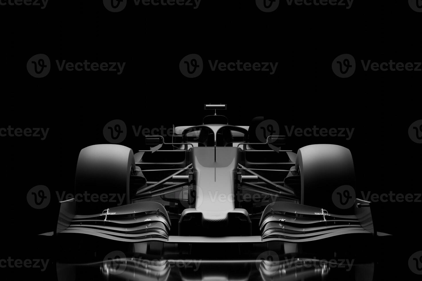 Front view of F1 3d race car in black studio lighting photo