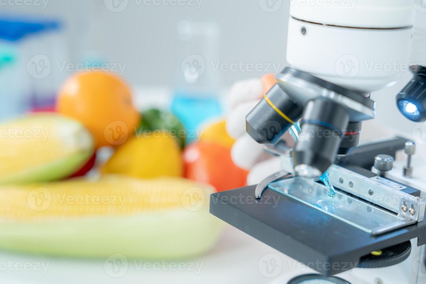 check chemical food residues on outdoor. Control experts inspect quality of fruits, vegetables. lab, hazards, ROHs, find prohibited substances, contaminate, Microscope, Microbiologist photo