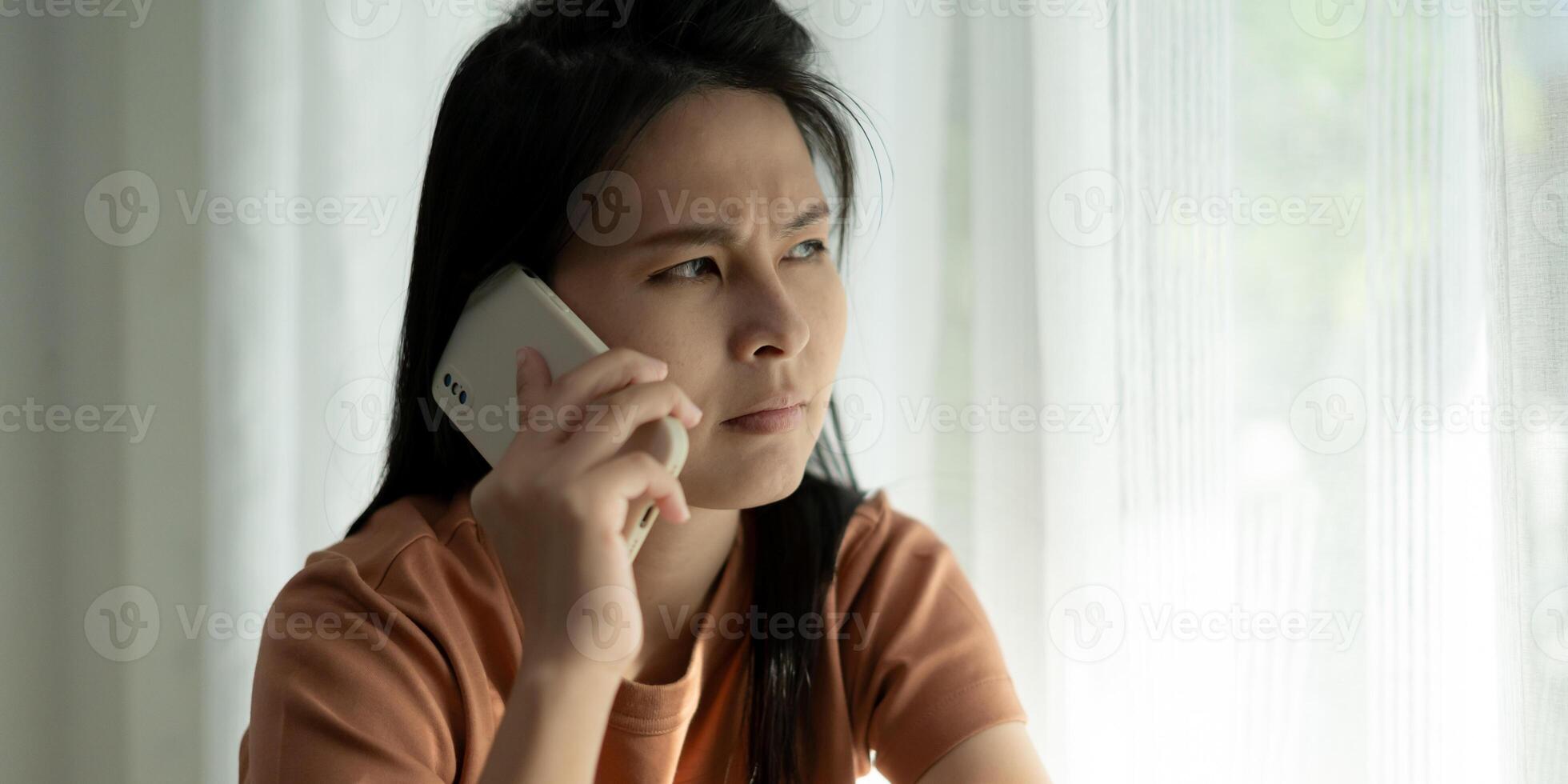 Unhappy asian woman girl disappointed, sad about problem in home alone, feel lonely, Stressed, suffering from bad relationship, break up, divorce, female confused, depression mental health, loneliness photo