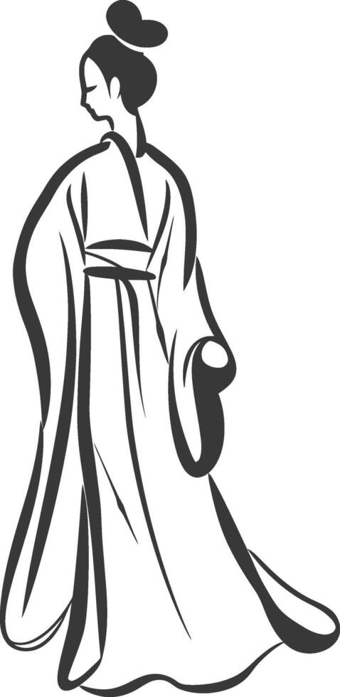 A black and white drawing of a woman in a kimono vector