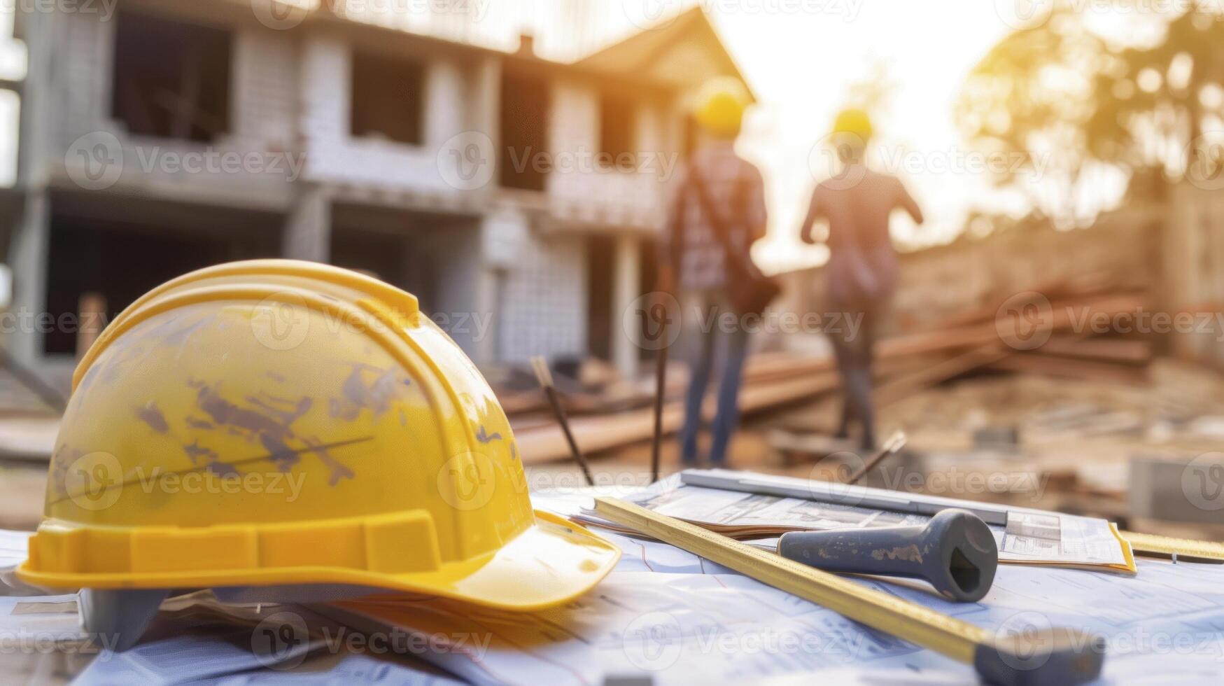Builder and architect discuss modern construction techniques and safety inspections. photo