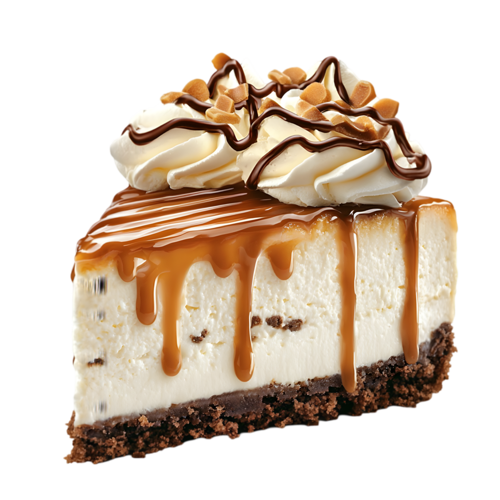 A decadent slice of cheesecake topped with whipped cream, chocolate drizzle, and caramel, resting on a rich chocolate crust. png