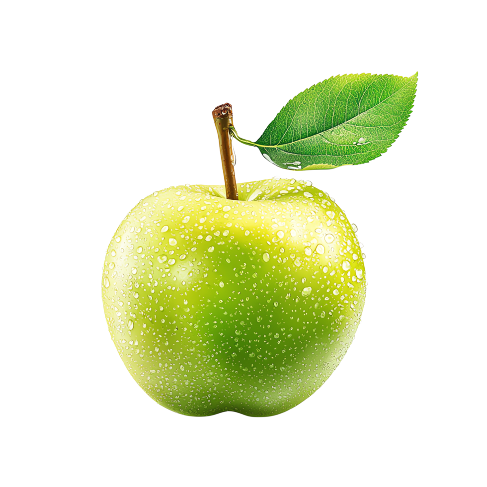 Freshly harvested green apple glistening with water droplets and leaf a perfect symbol of health and vitality png