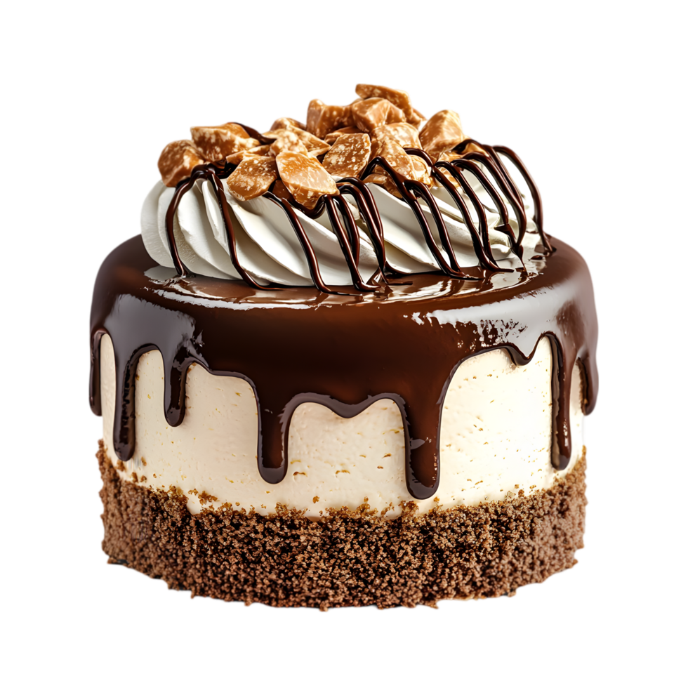 A decadent chocolate cake topped with whipped cream and drizzled in chocolate, featuring a rich cookie crust and crunchy toppings. png