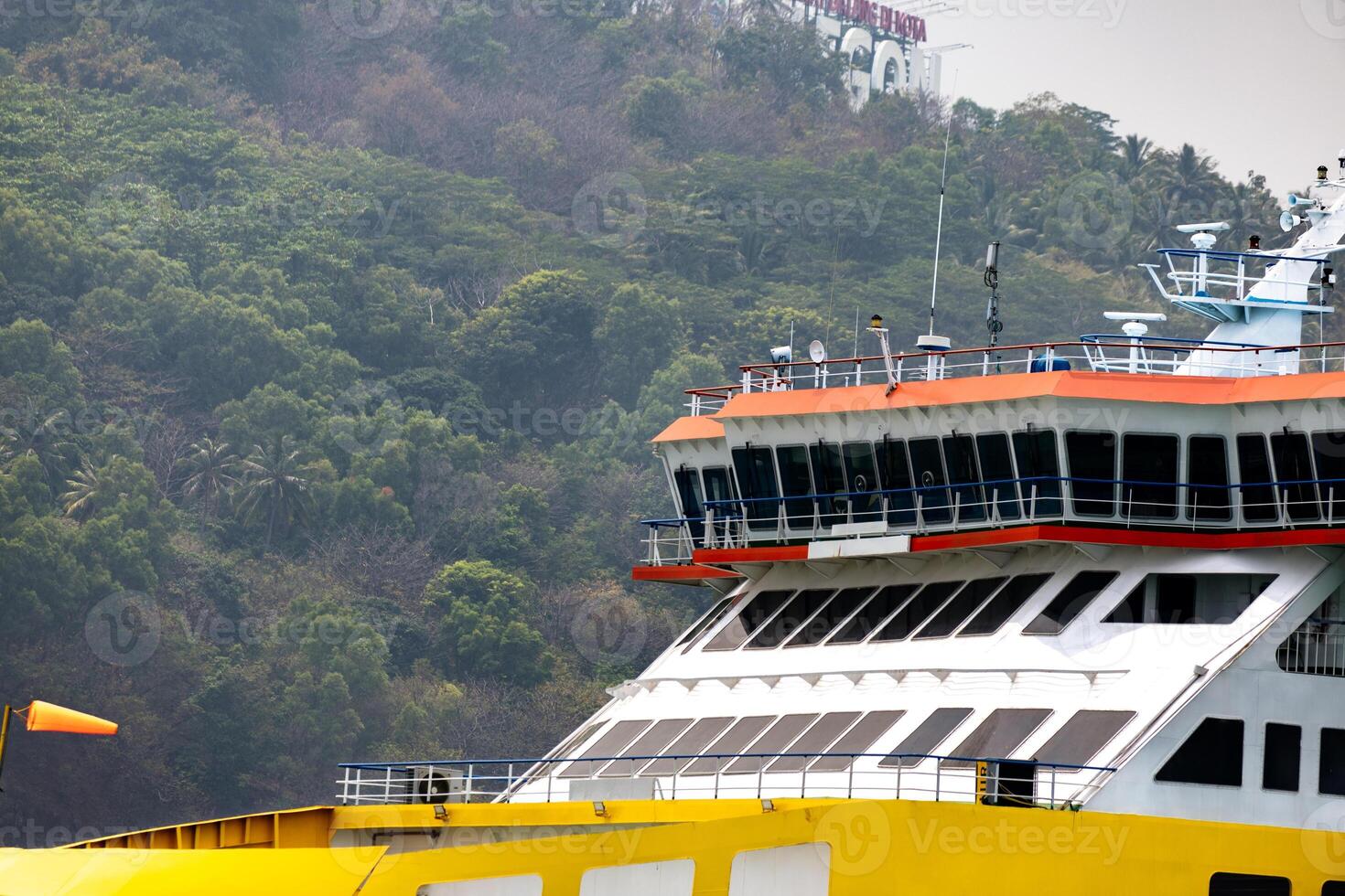 Large Ship at Rest Amidst the Endless Blue. Ferry boat full of window in close up photo