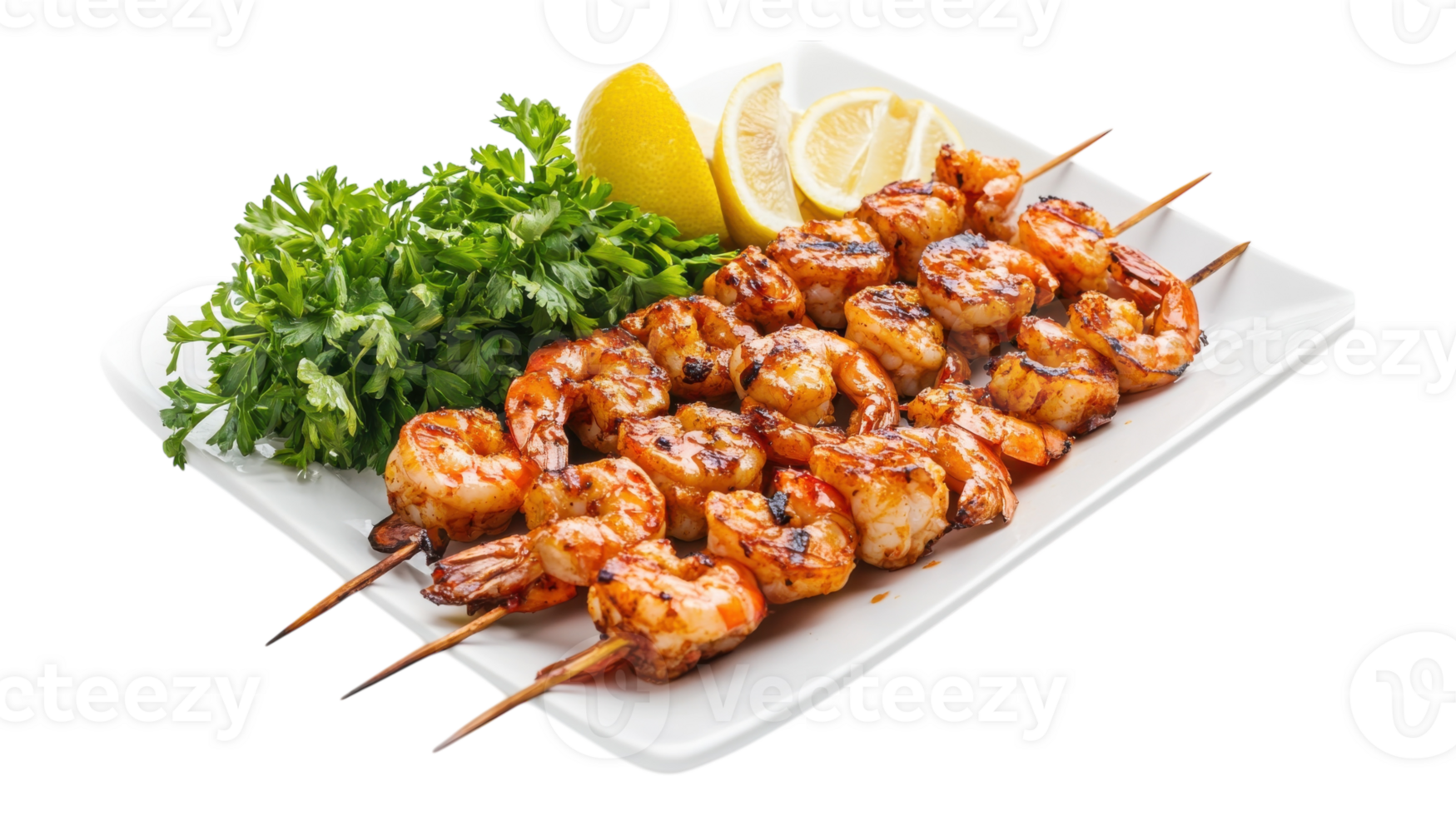 Grilled shrimp skewers with lemon wedges png