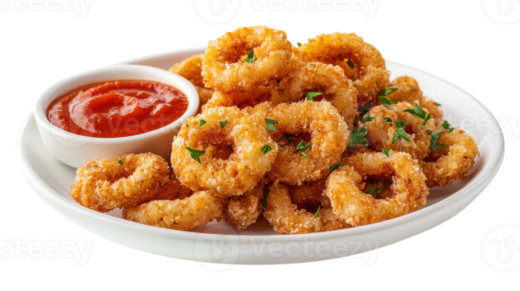 A plate of fried onion rings with ketchup png