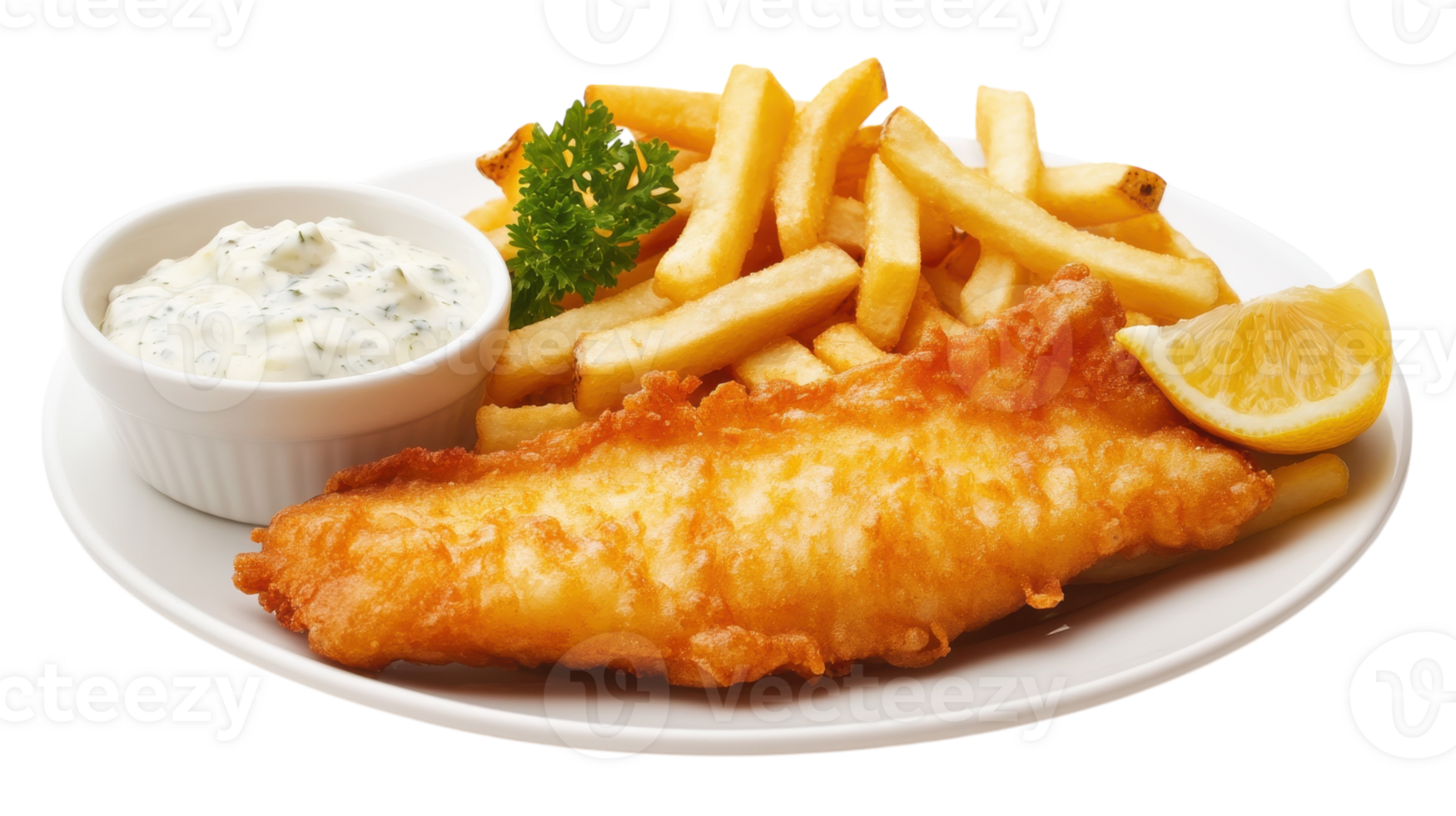 Fish and chips with lemon wedges and dip png