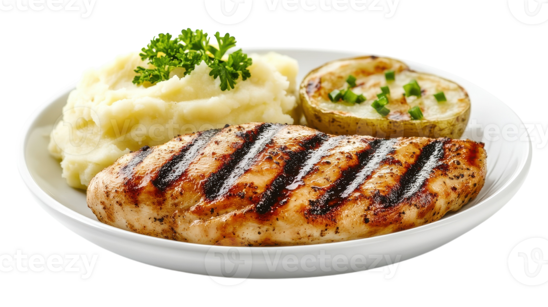 Grilled chicken breast with mashed potatoes and green beans png