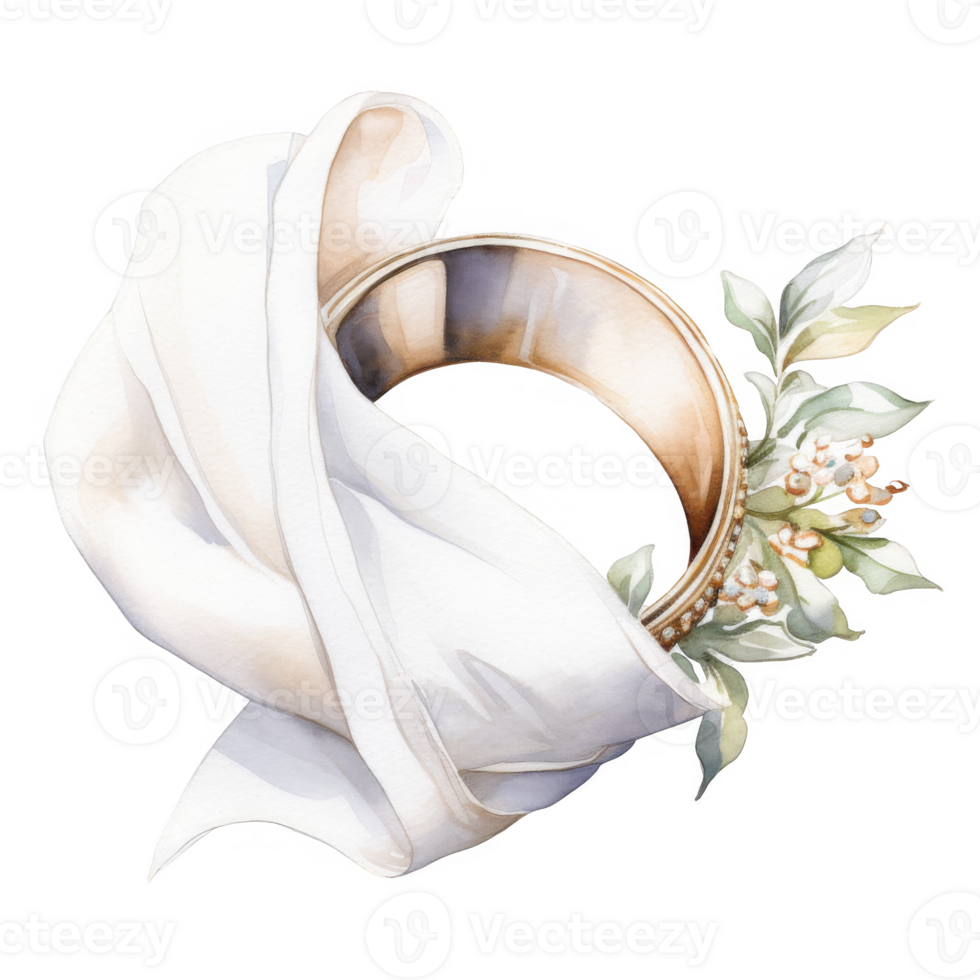 Watercolor painting of a gold wedding ring adorned with white fabric and greenery. png