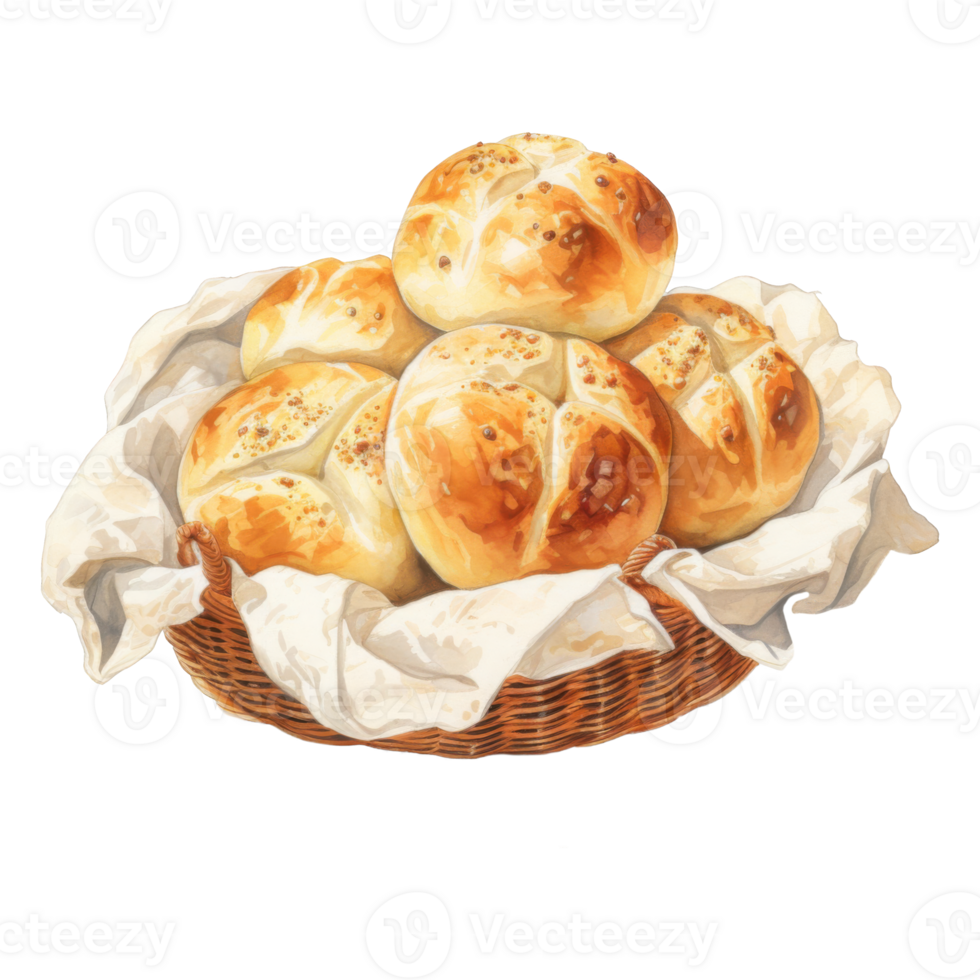 Golden-brown artisan rolls nestled in a wicker basket, draped with linen. png