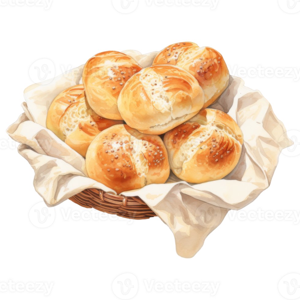 Golden-brown artisan rolls in a wicker basket, nestled in a linen cloth. png