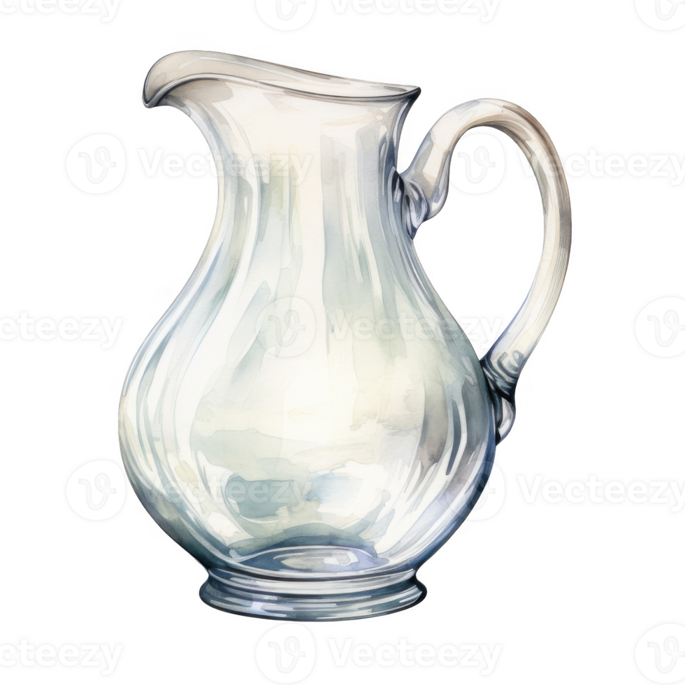 Watercolor painting of a clear glass pitcher with a curved handle. png