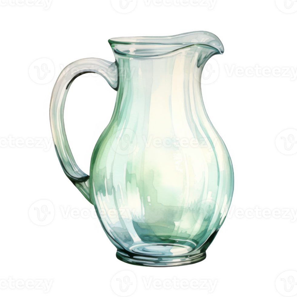 Watercolor painting of a clear glass pitcher with a curved body and handle. png