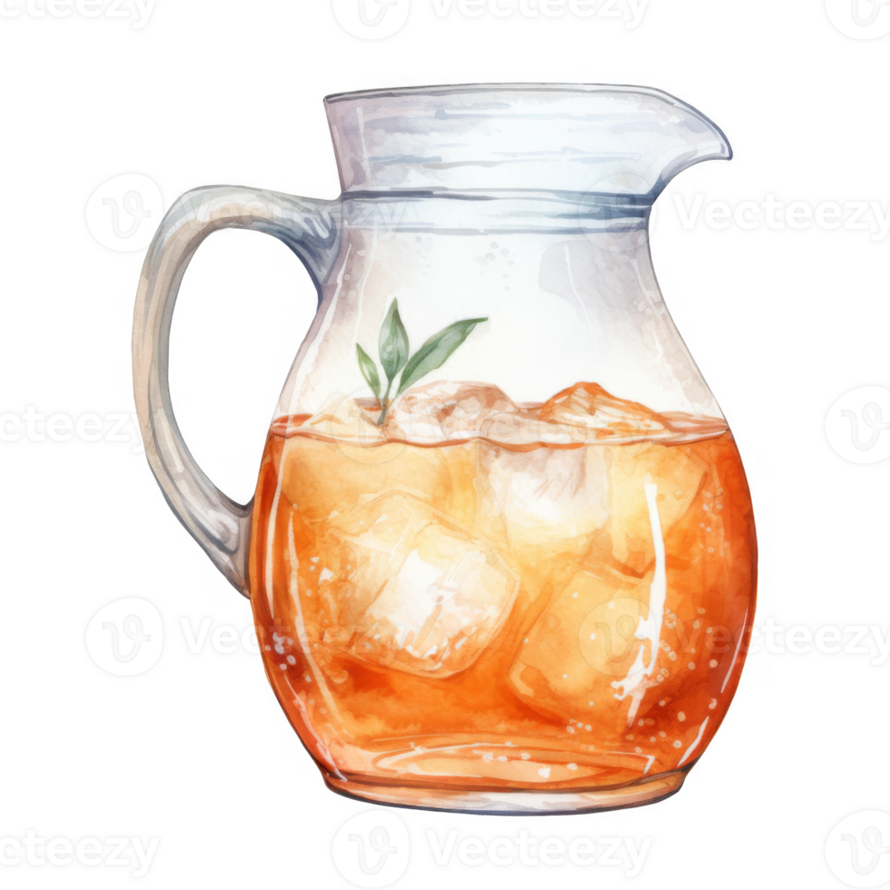 Watercolor illustration of iced tea in a glass pitcher with ice cubes and a sprig of mint. png