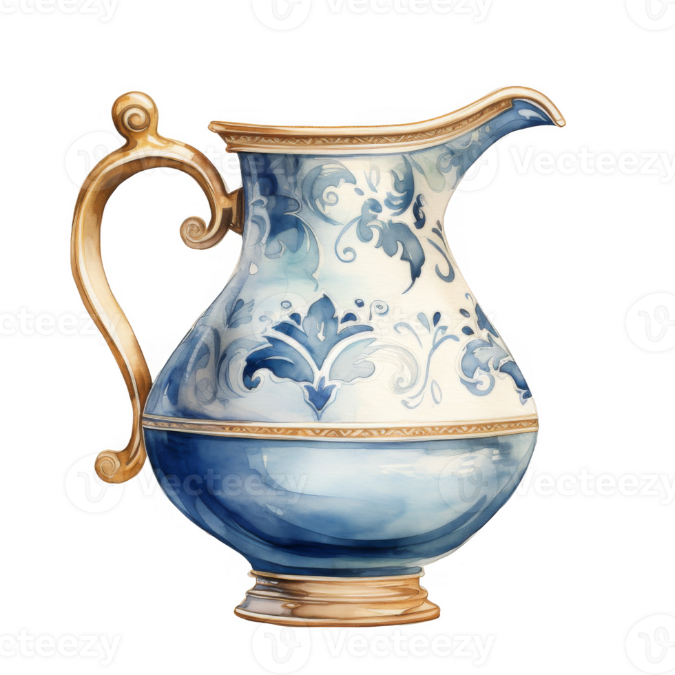 Elegant Blue and Gold Porcelain Pitcher with Ornate Floral Design png
