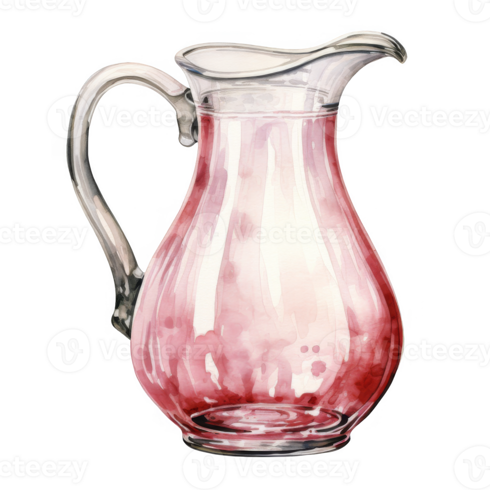 Watercolor painting of a glass pitcher filled with a reddish pink liquid. png