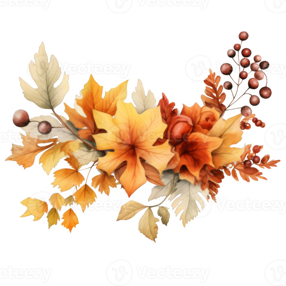 Autumnal Leaf and Berry Arrangement A Watercolor Painting of Fall Foliage and Berries png