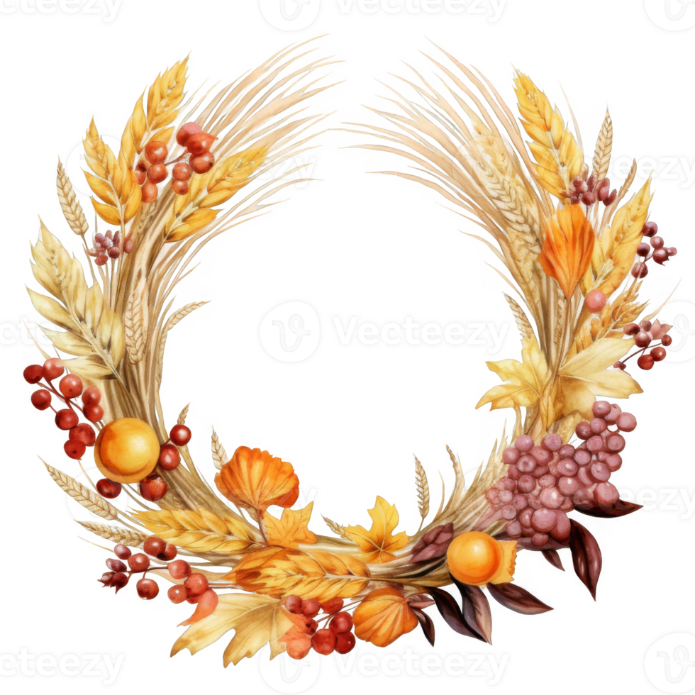 Autumnal Wreath of Wheat, Berries, Leaves, and Fruit png