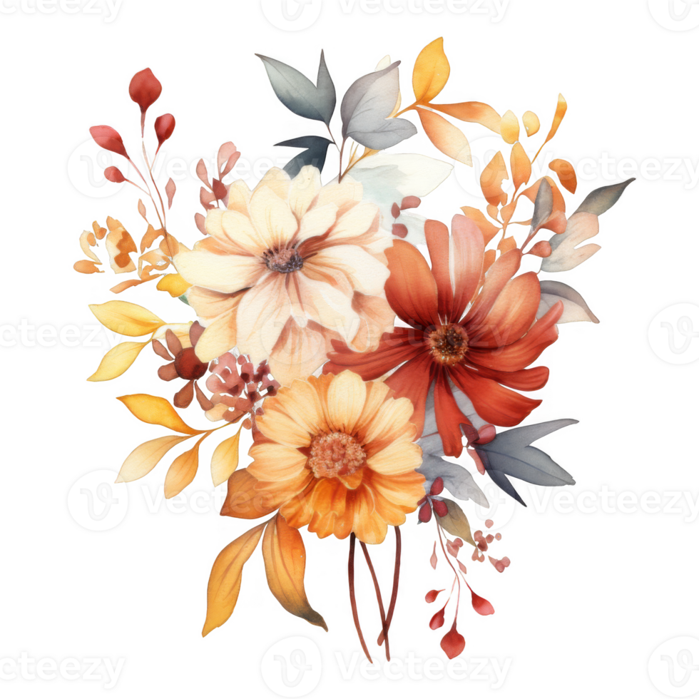 Watercolor Bouquet of Orange, Peach, and Red Flowers with Autumnal Leaves png