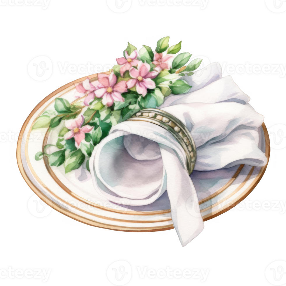 Watercolor painting of a folded napkin adorned with pink flowers on a plate. png