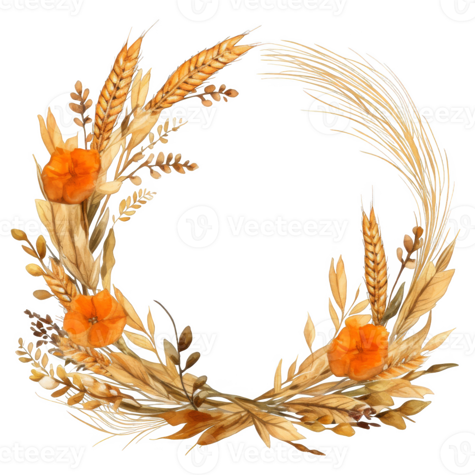 Watercolor Autumnal Wreath of Wheat and Orange Flowers png