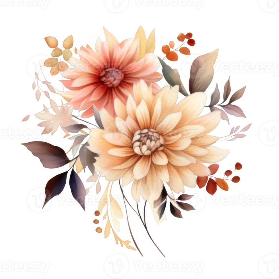 Watercolor painting of a delicate autumnal floral bouquet featuring dahlias and foliage. png