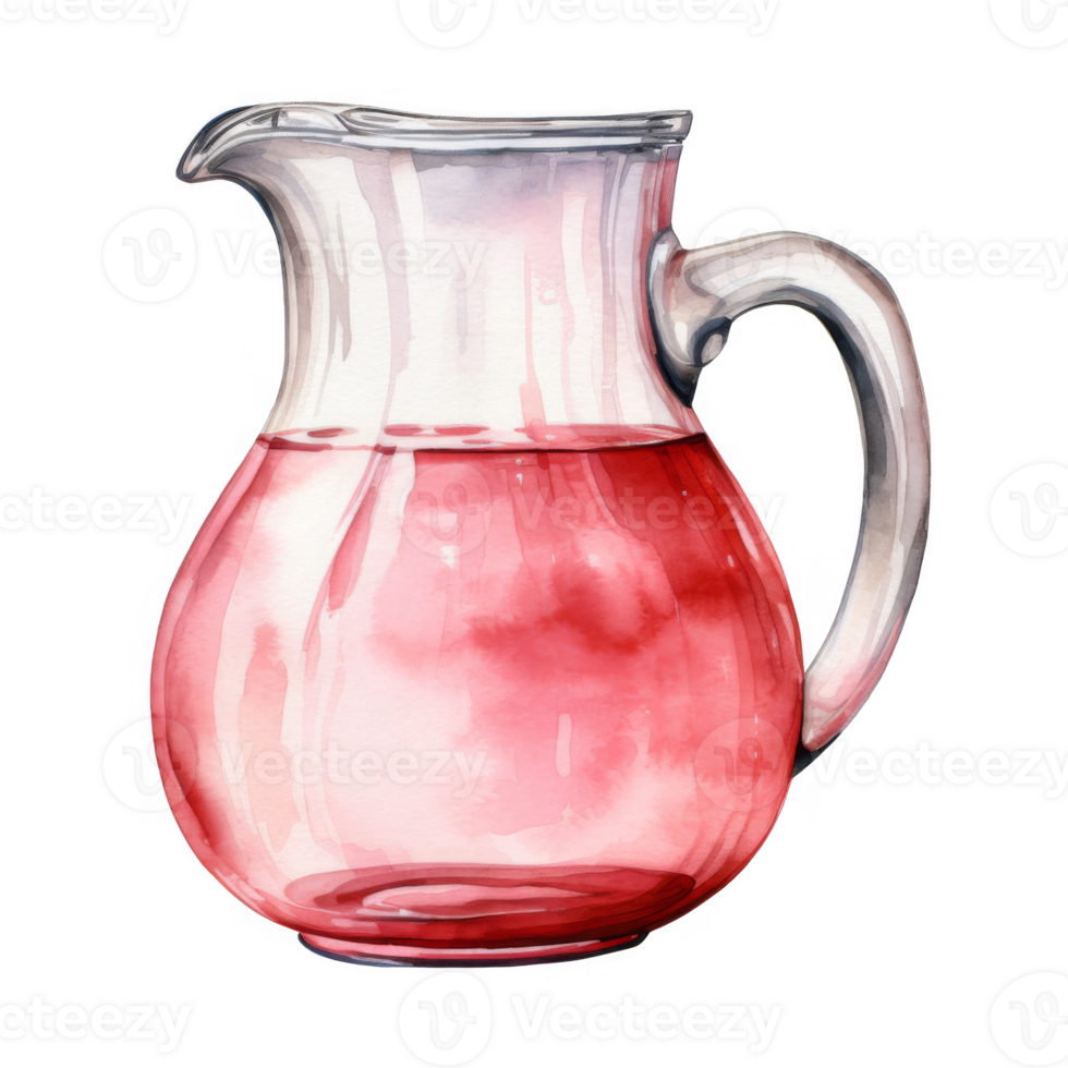 Watercolor painting of a glass pitcher filled with pink liquid. png