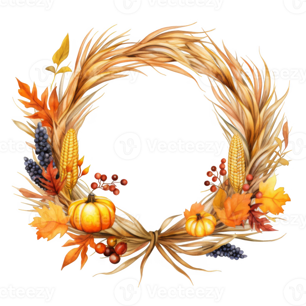 Autumnal Wreath Featuring Pumpkins, Corn, and Fall Foliage png