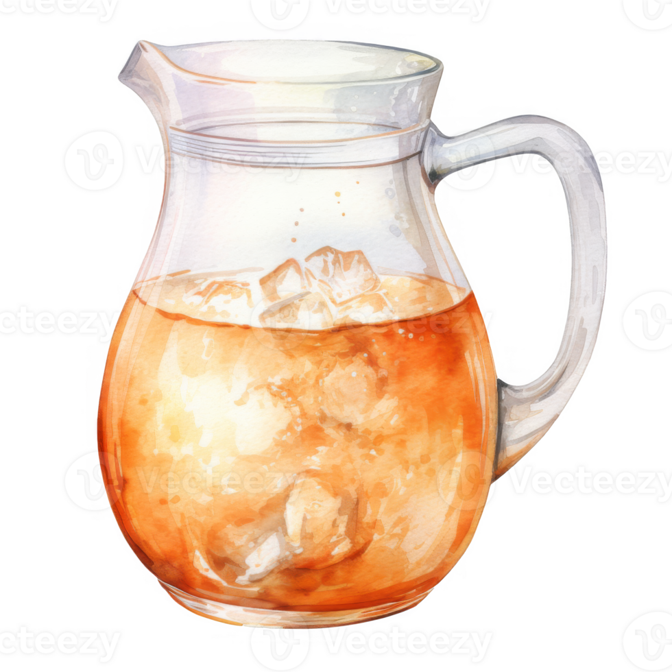Iced Tea in a Glass Pitcher with Ice Cubes, Watercolor Illustration png