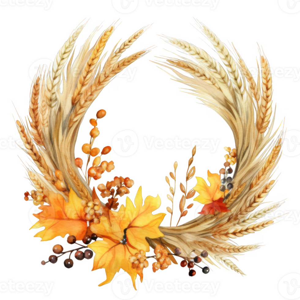 Autumnal Wheat Wreath with Maple Leaves and Berries png