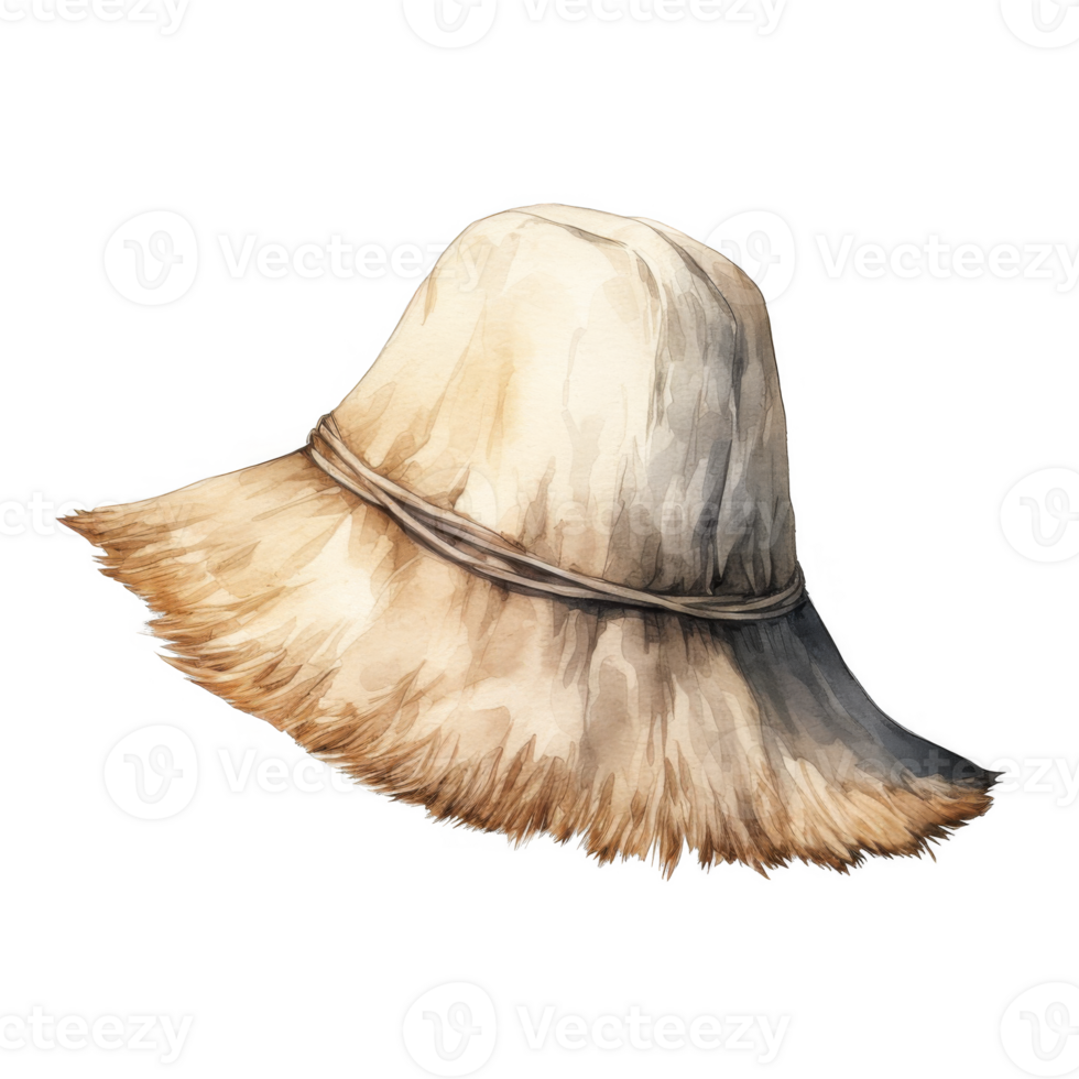 Watercolor Painting of a Wide-Brimmed Straw Hat with Frayed Edges png