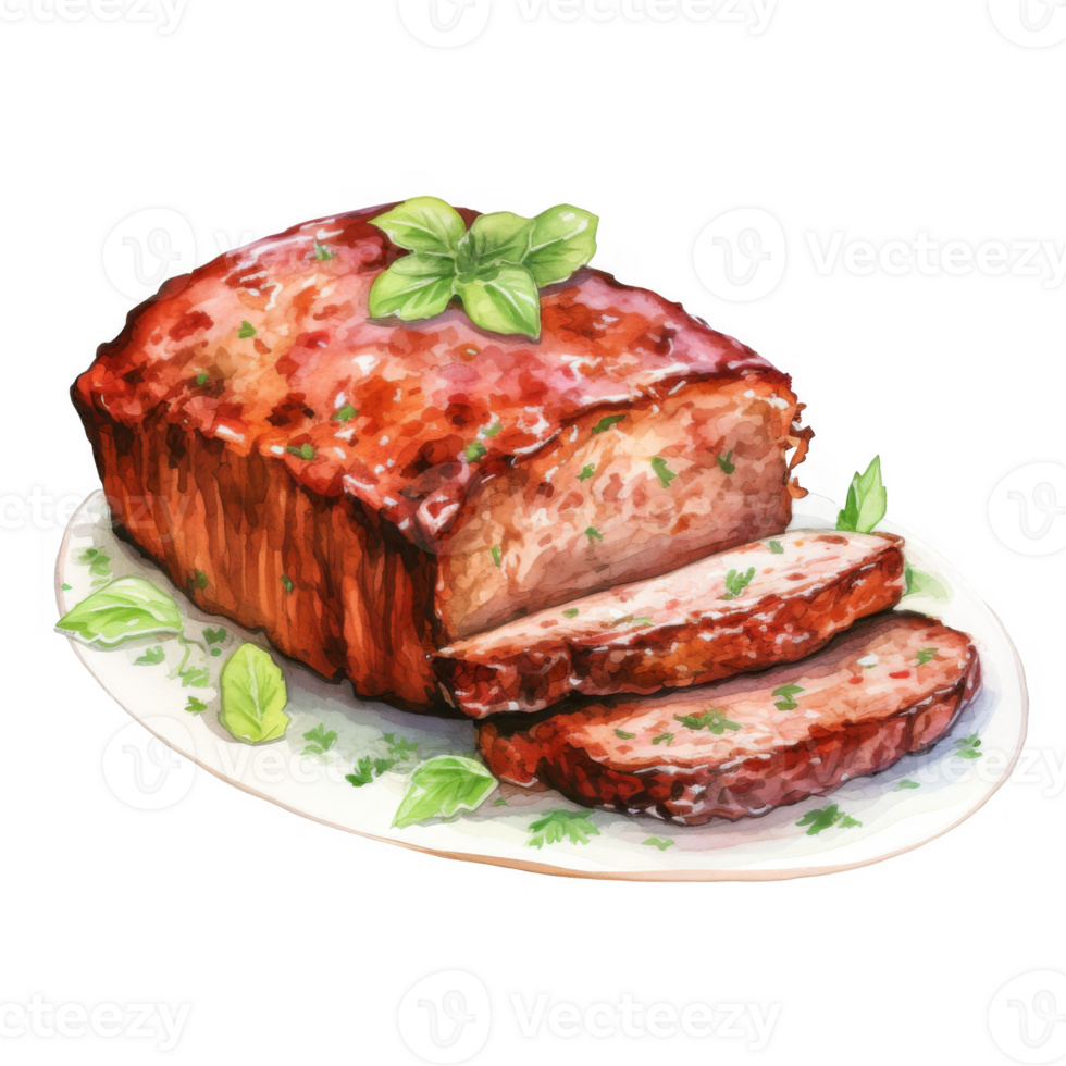 Glazed Meatloaf Slices with Basil on a White Plate, Watercolor Painting png