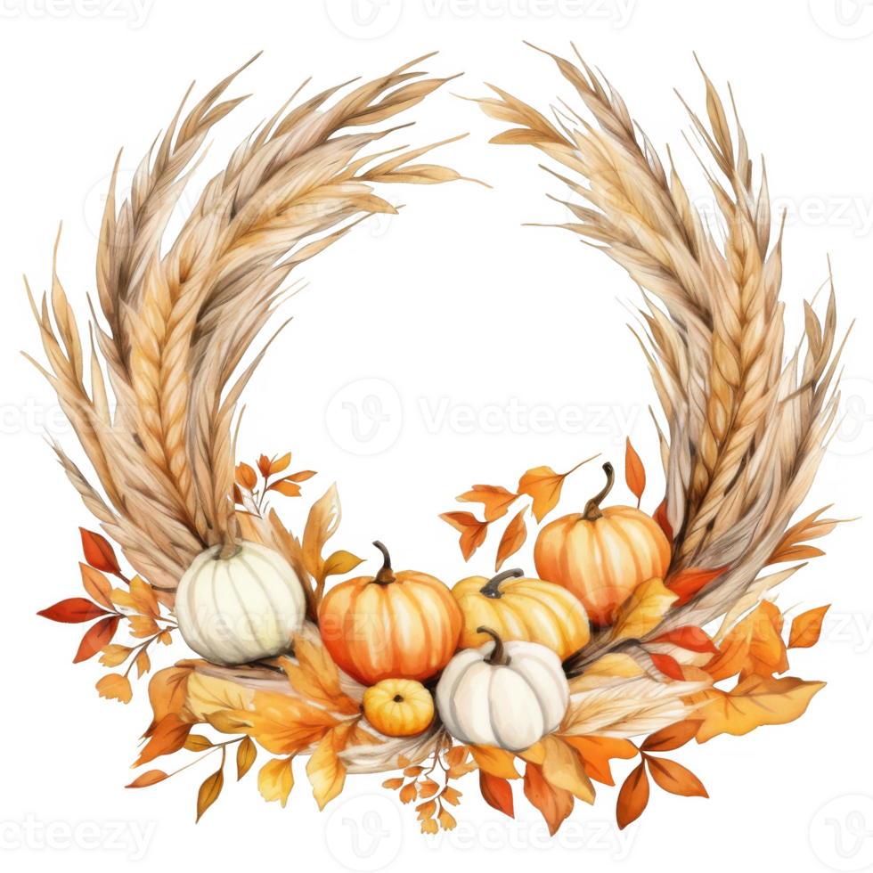 Autumnal Wheat and Leaf Wreath with Berries and Gourd png