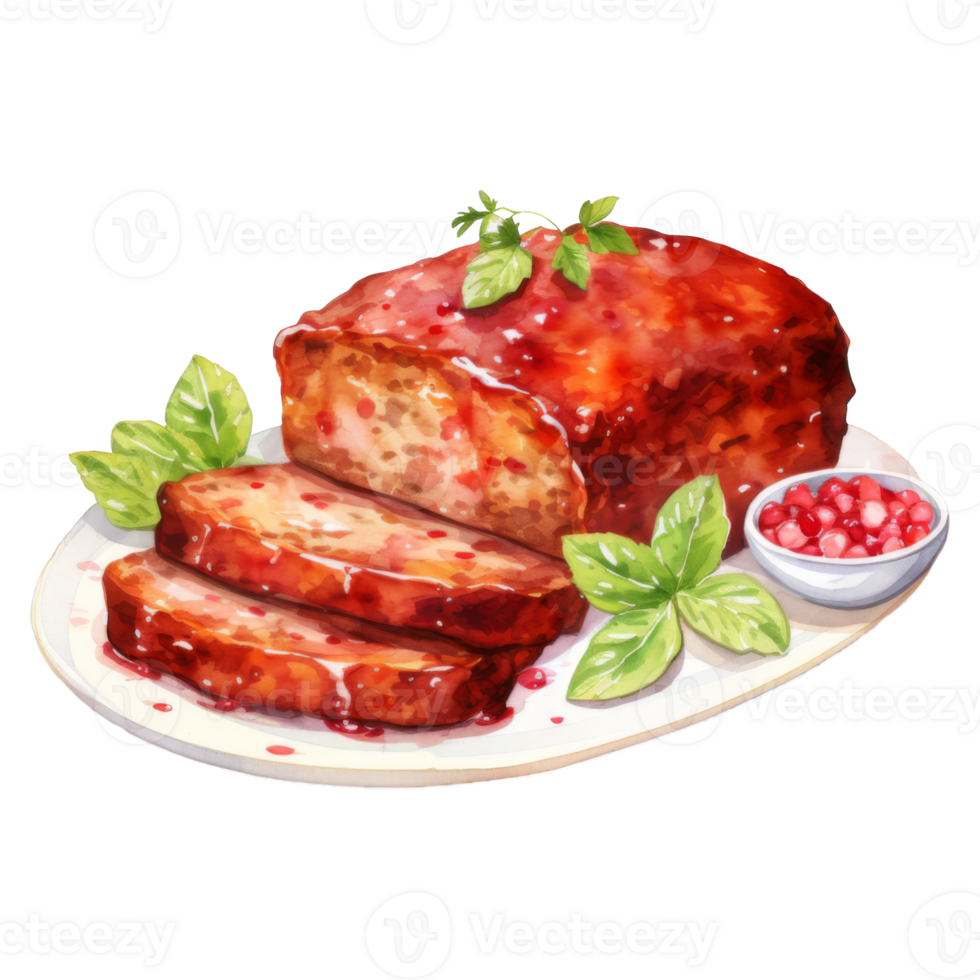 Glazed meatloaf sliced and served with cranberry sauce and basil png