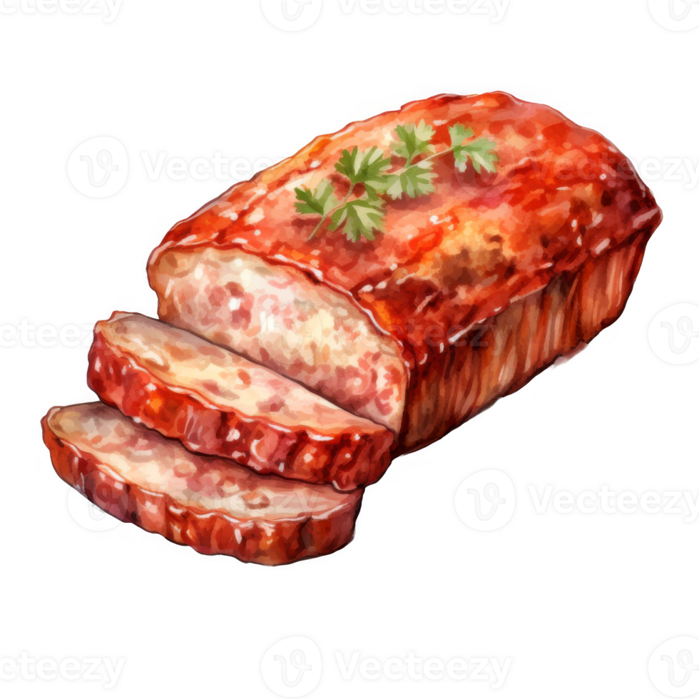Glazed meatloaf sliced and served with parsley garnish. png