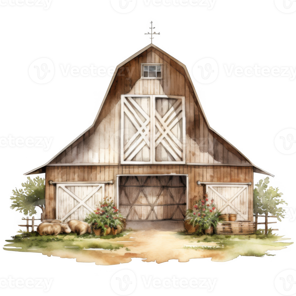 Rustic Wooden Barn with Cross Weathervane, Sheep, and Planters png