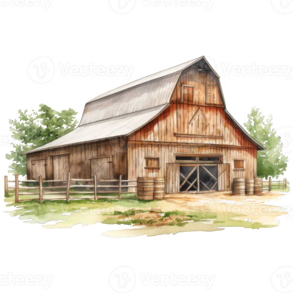 Rustic Wooden Barn with Gable Roof, Surrounded by Fence and Trees png